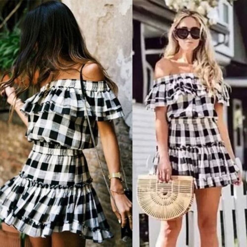 NWT Misa Los Angeles Gingham Checkered Off Shoulder Black & White Mini Dress